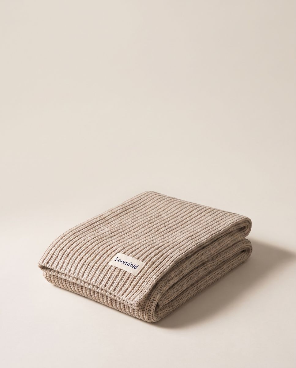 Finished listing shot of the folded Loomfold knitted throw